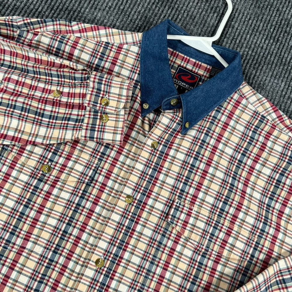 Roper Shirt Mens Large Beige Plaid Long Sleeve Button Down Denim Collar